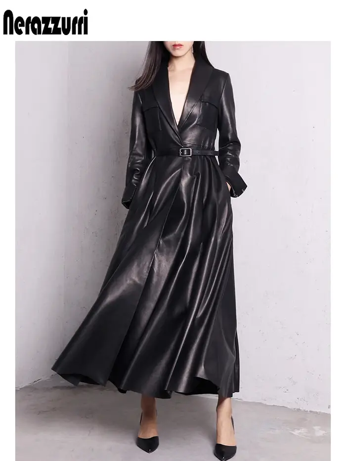 Nerazzurri-Manteau Maxi en Cuir PU pour Femme, Jupe Extra Longue, Pardessus Élégant, Rouge, Noir, Ha