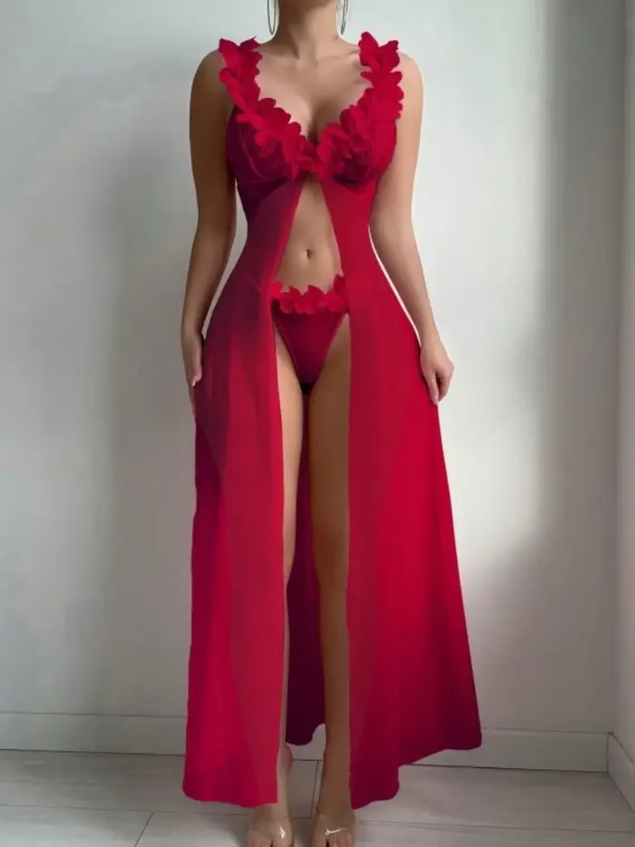 Ružové kvetinové sexy spodná bielizeň dámske šaty, exotické nočná košeľa, bábiky, nočná košeľa, hlboký výstrih čipky a sieťoviny priehľadný