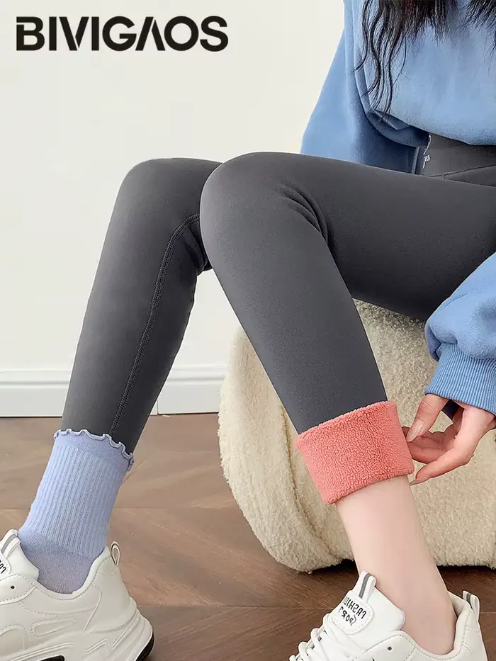 BIVIGAOS jesenné zimné ružové zamatové žraločie Legíny pre ženy fleece vysoký pás hrubé teplé