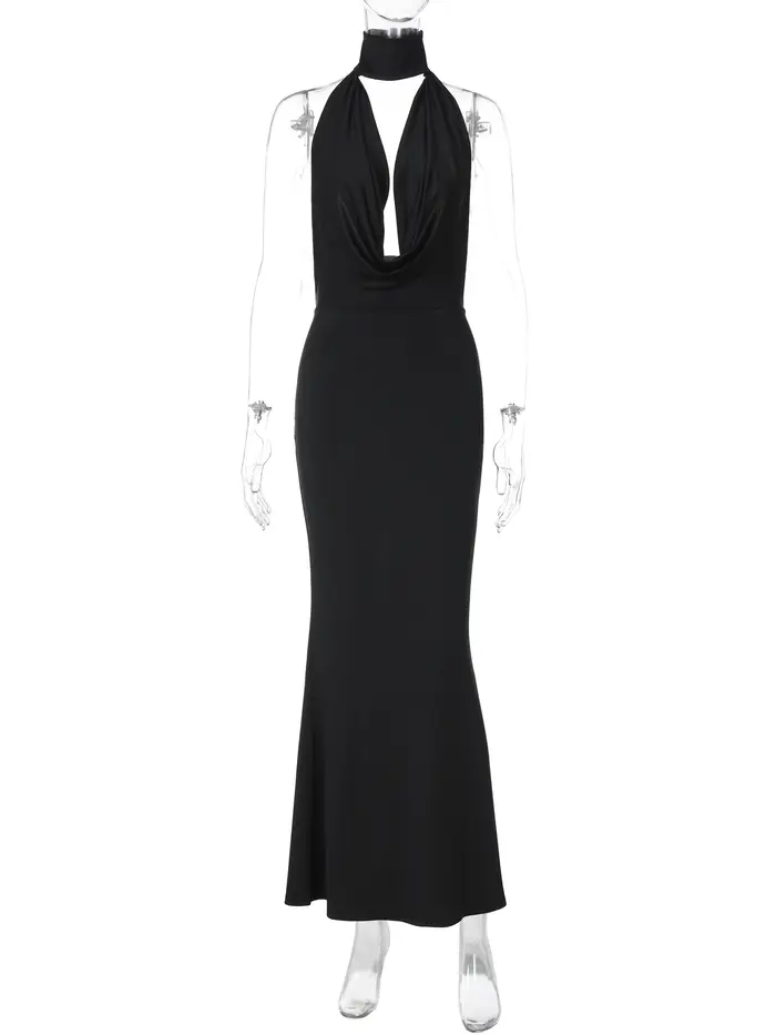 Robe longue moulante élégante Hugcitar à col halter, décolleté en V, dos nu, boutons et fente, sexy,