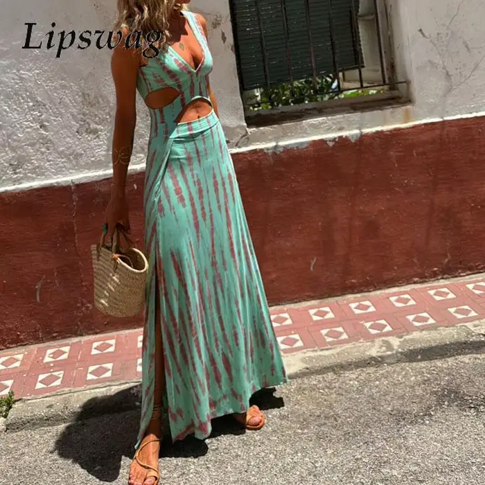 Robe longue en fibre fendue pour femme, robe de soirée élégante, taille haute, sexy, évider, vocatio