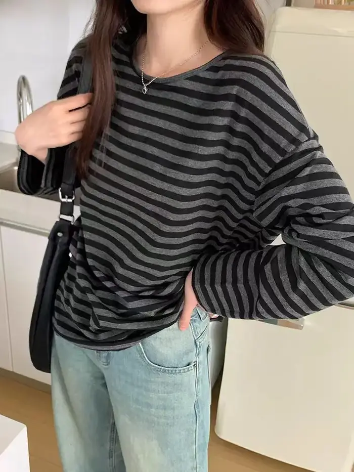 T-shirt rayé à manches longues et col rond pour Femme, haut surdimensionné, décontracté, Streetwear,