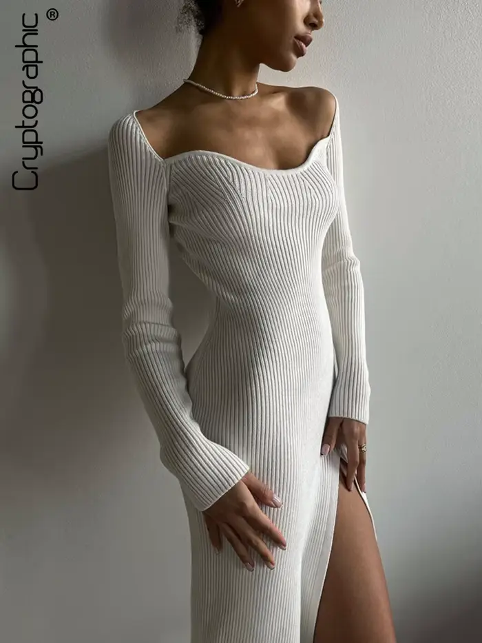 Robe fendue en tricot côtelé pour femmes, col carré cryptographique, élégante, tenues à la mode, rob