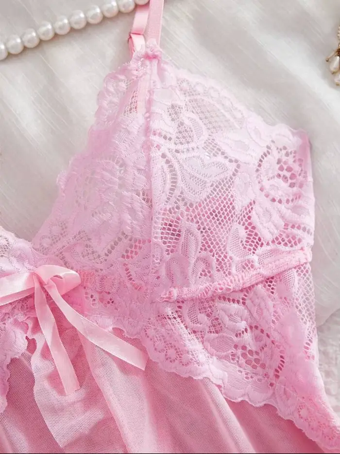 Ružová dámska sada, Sexy Tanga spodná bielizeň, Teddy nočná košeľa, Vynikajúce dámske pyžamo, V-Neck s nohavičky, 2-dielna sada, nočná košeľa