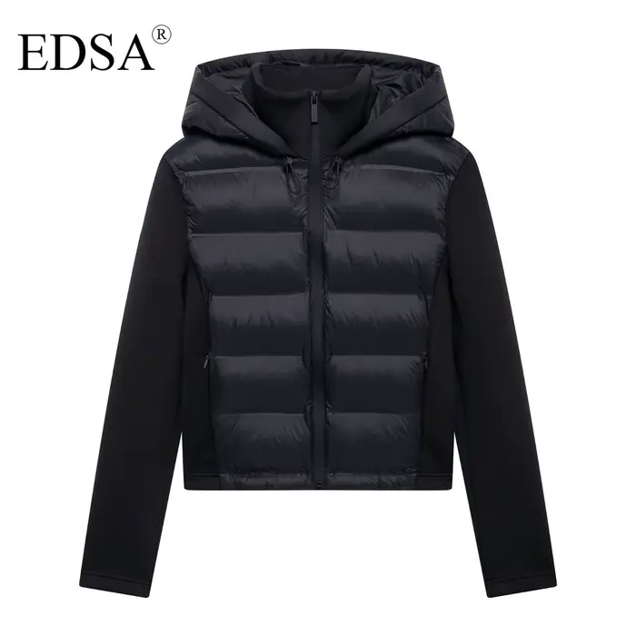 EDSA Veste rembourrée noire pour femme, capuche réglable avec bouchons, col haut, manches longues, p