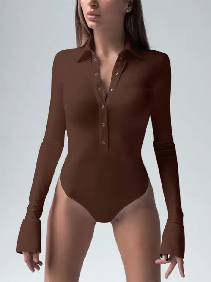 Body en polyester 83%, élasthanne 17%, taille S M L, noir blanc café, boutonnage unique, coupe cintrée, manches longues, veste bureau dame, ajustement mince, occasions spéciales