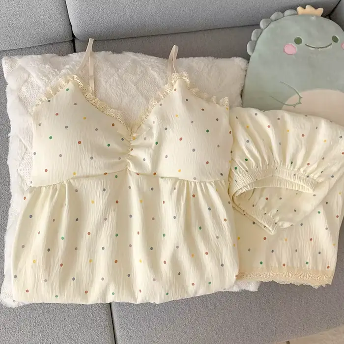 Dámsky pyžamový set, farebná polka dot kamizola s hrudnými vankúšikmi, dvojdielne oblečenie na spanie, čipka V-neck, bez rukávov, mäkké a pohodlné pyžamo