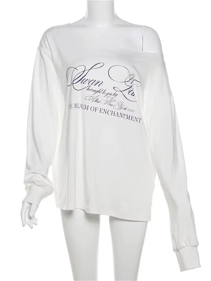 Sisterlinda quotidien Style polyvalent T-Shirts femmes lettre impression épaule inclinée manches lon