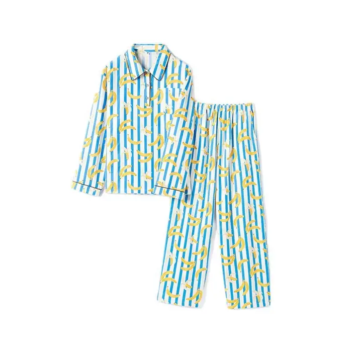 Pruhované banánové pyžamo nastaviť ženy roztomilé kreslené ovocie nočné oblečenie 100% bavlna dlhý rukáv relaxačné oblečenie 2 kusy jeseň Homewear Žena
