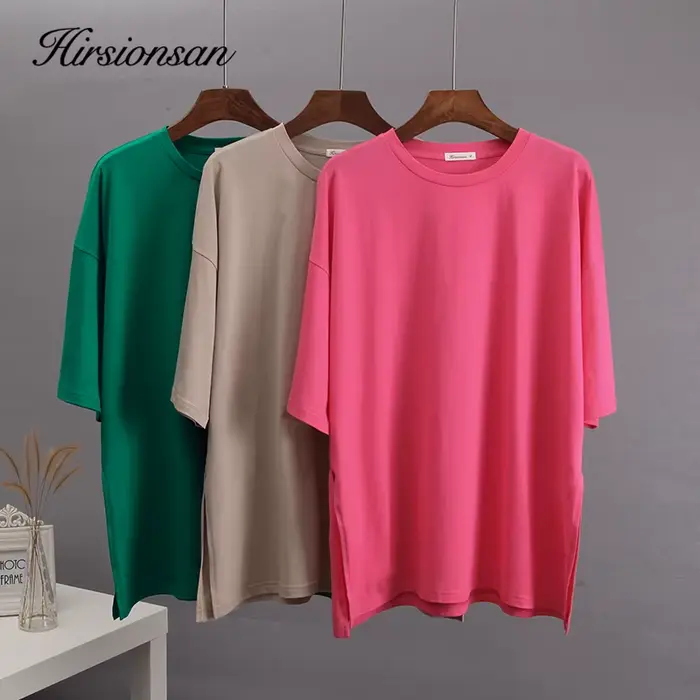 Hirsionsan été surdimensionné coton t-shirt femmes 2023 nouveau ample solide fendu t-shirts décontra