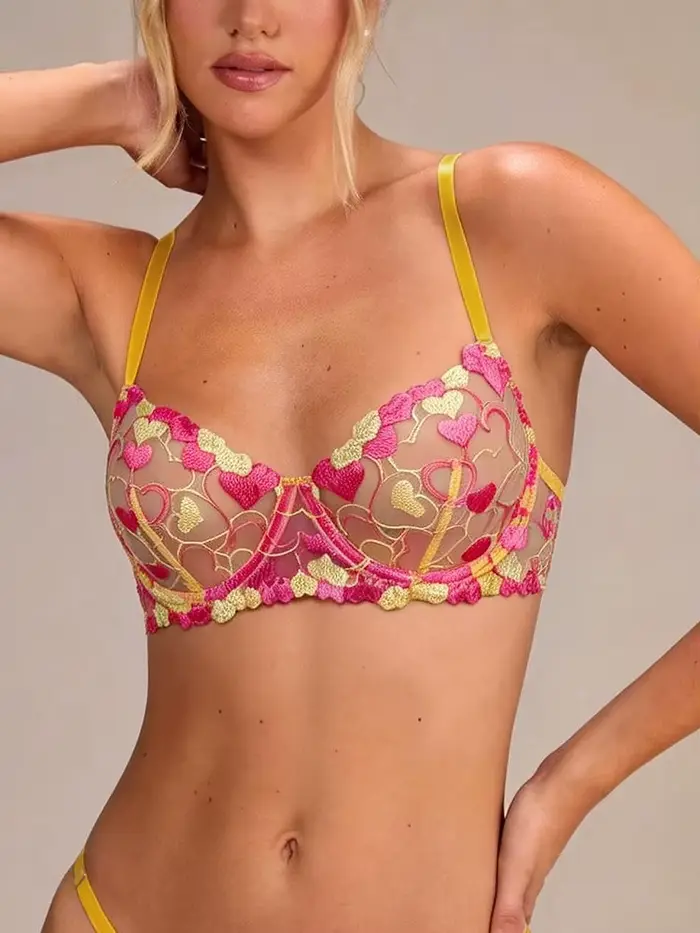 Priehľadná tylová spodná bielizeň s ružovou kvetinovou vyšívanou podprsenkou pre ženy, sexy a elegantná, ideálna pre špeciálne príležitosti