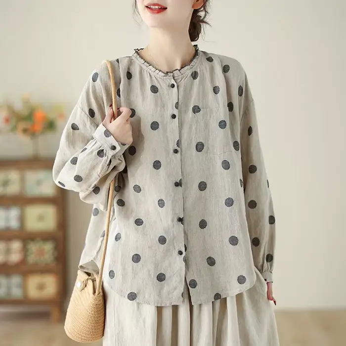 Chemises décontractées à manches longues pour femmes, style vintage, col rond, pois, coton, lin, pri