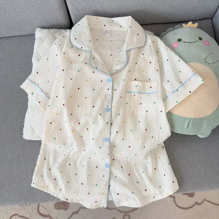 Dámske polka dot tlačené bavlnené pyžamo set, krátky rukáv top a šortky, 2-dielna, ležérne, pohodlné, potlačené nočné oblečenie