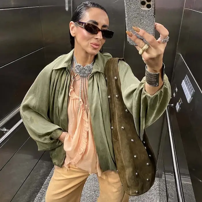 Veste bombardier femme manches longues plis vêtements de rue avec fermeture éclair vert Beige Vintag