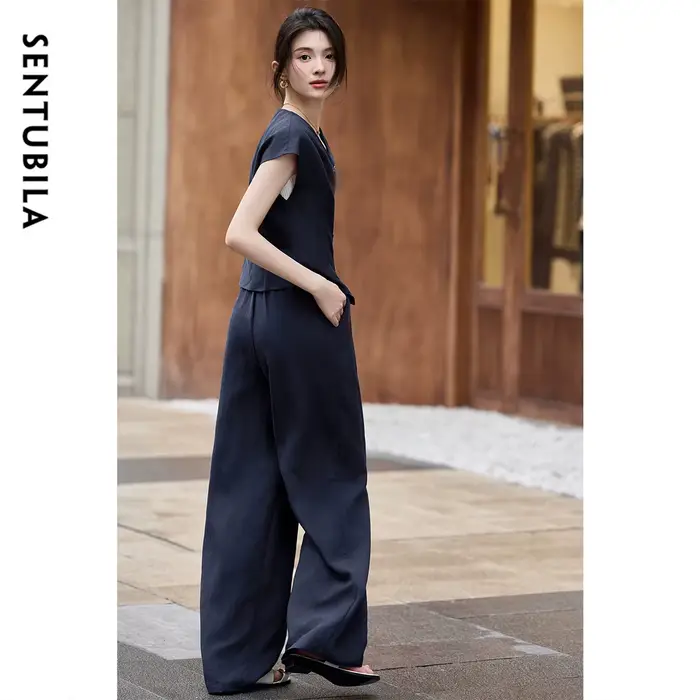 Ensemble pantalon en lin d'été SENTUBILA pour femme, tenue 2 pièces, chemise sans manches col en V s