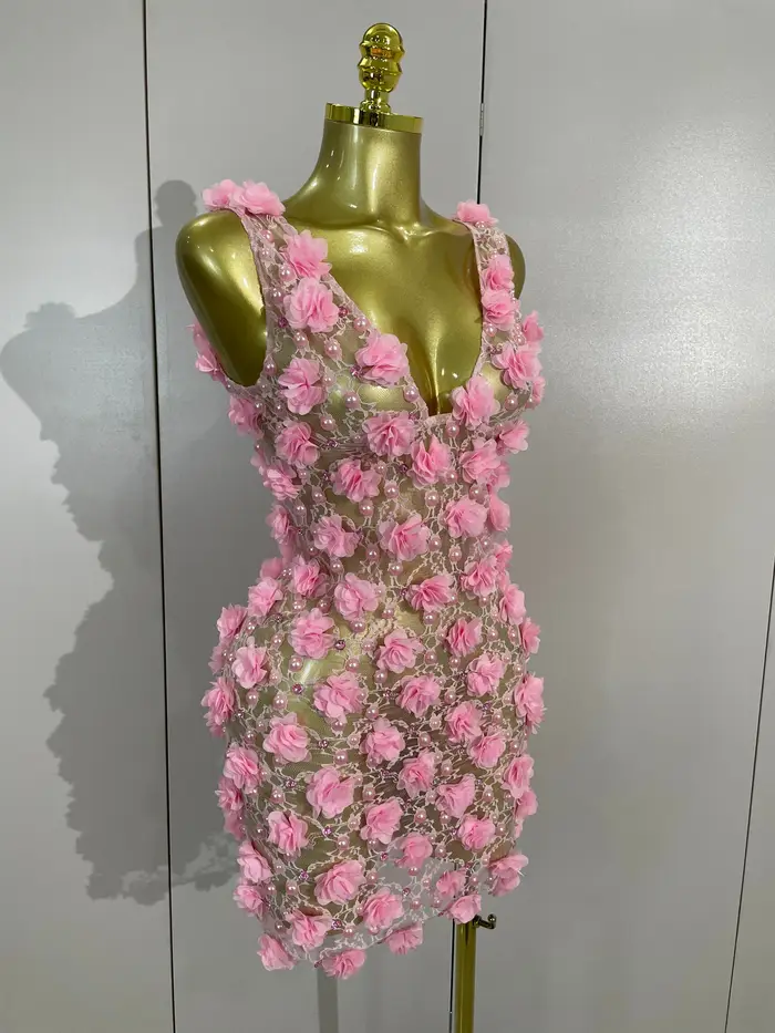 Robe de soirée pour femmes, robe de club, robe d'anniversaire, robe rose à fleurs en perles, robe en