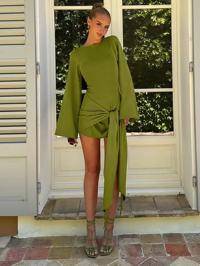 Dulzura 2025 automne mode élégant col rond à manches longues coupe ajustée à lacets Mini robe dames 
