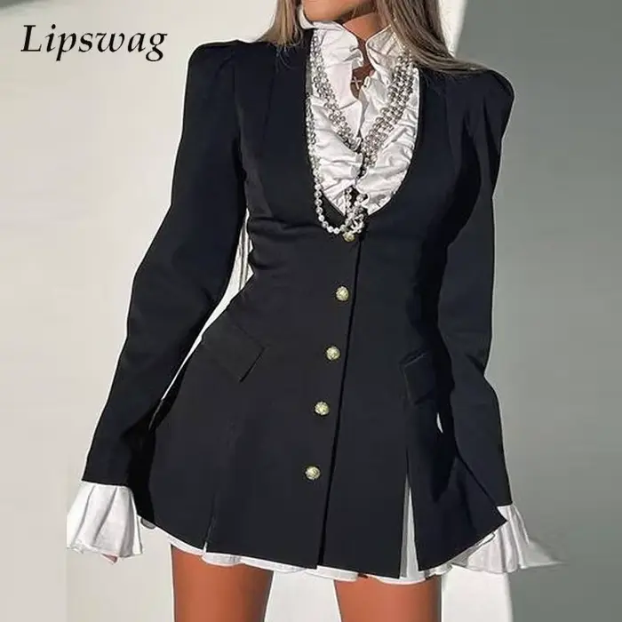 Mini Robe Élégante à Manches sulfpour Femme, Blazer Trapèze, Faux Ensemble Deux Pièces, Chemise et U