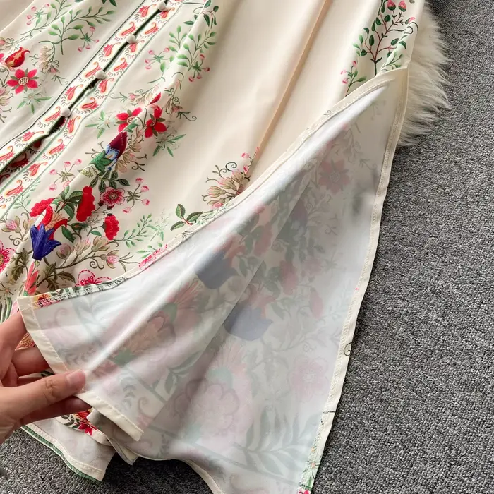 Robe Longue à Col Montant pour Femme, Manches Lanternes, Imprimé Floral, Simple Boutonnage, Ceinture