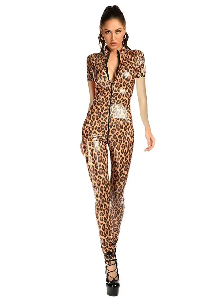 Combinaison moulante pour femme en cuir verni imprimé léopard, à manches longues et fermeture éclair, style catsuit pour soirées et clubs