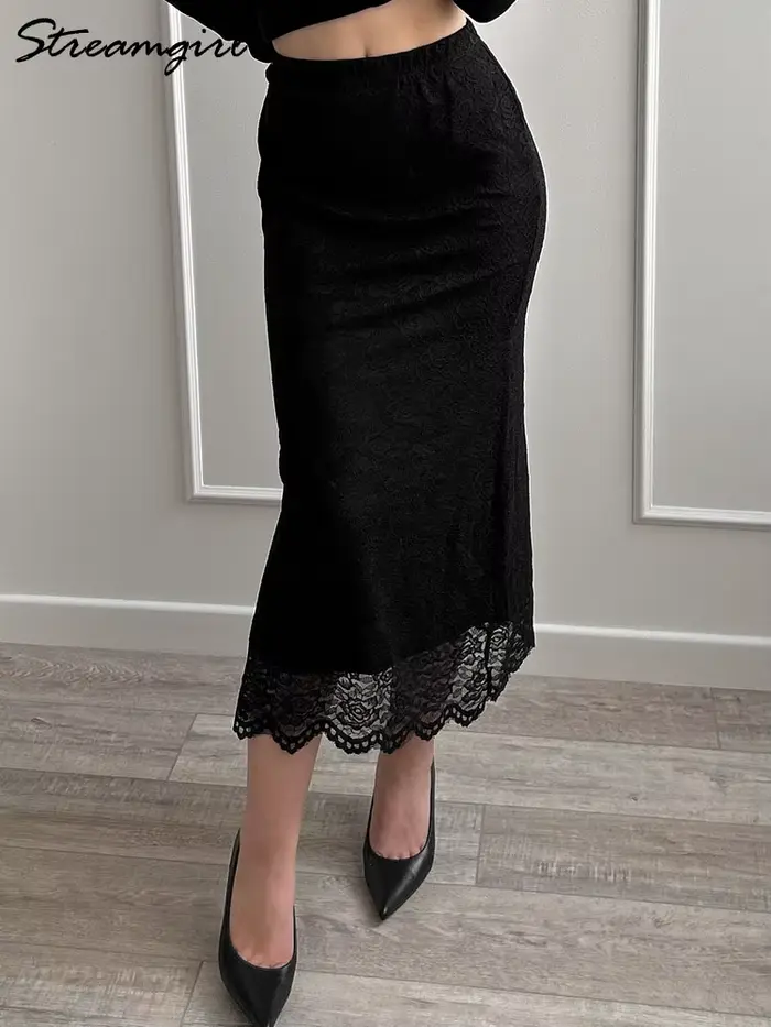 Biela čipka sukne Maxi Bodycon Dámska kancelária držal elegantné formálne sukne s čipkou Lady elastickým pásom čipka dlhé čierne sukne