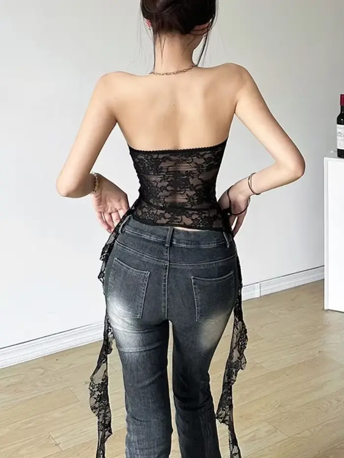 Bez ramienok kvetinové čipky korzet pre ženy, bez ramienok top priehľadný, sexy spodná bielizeň, klub oblečenie, strapce, ženské telo