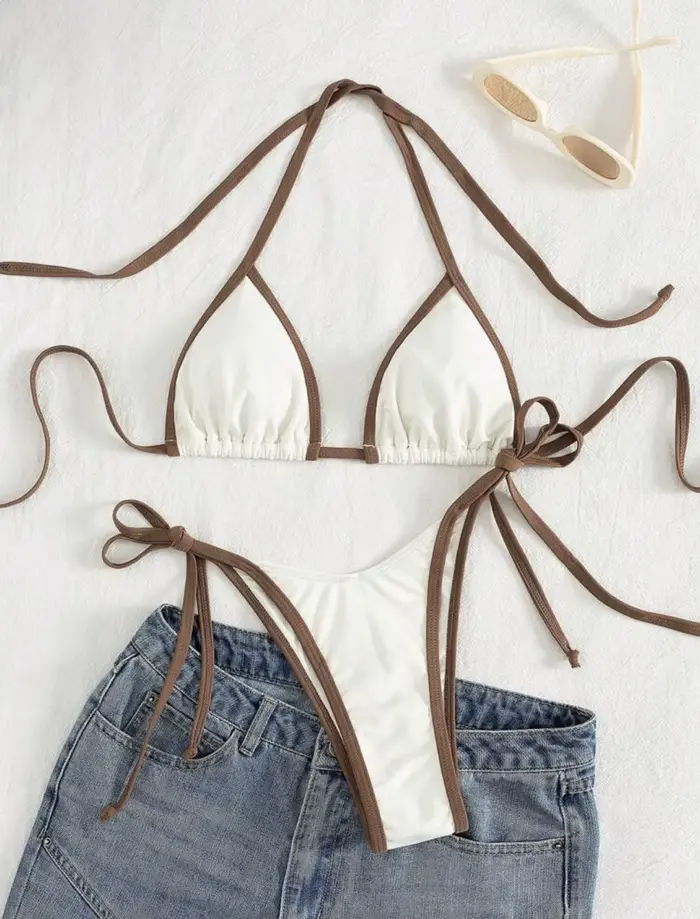 Sexy Beige contraste Bikini ensemble 2025 femmes licou Push Up soutien-gorge cravate côté string mai