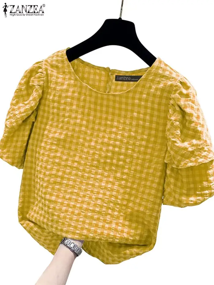Chemisier en polyester et coton avec motif vichy pour femmes, col rond, manches courtes bouffantes, style décontracté pour printemps été