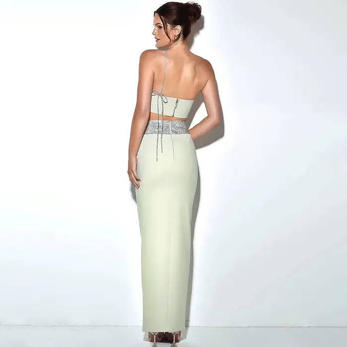 Suninheart-Robe d'invité de mariage avec perles pour femmes, ensemble de 2 pièces, haut court, vert,