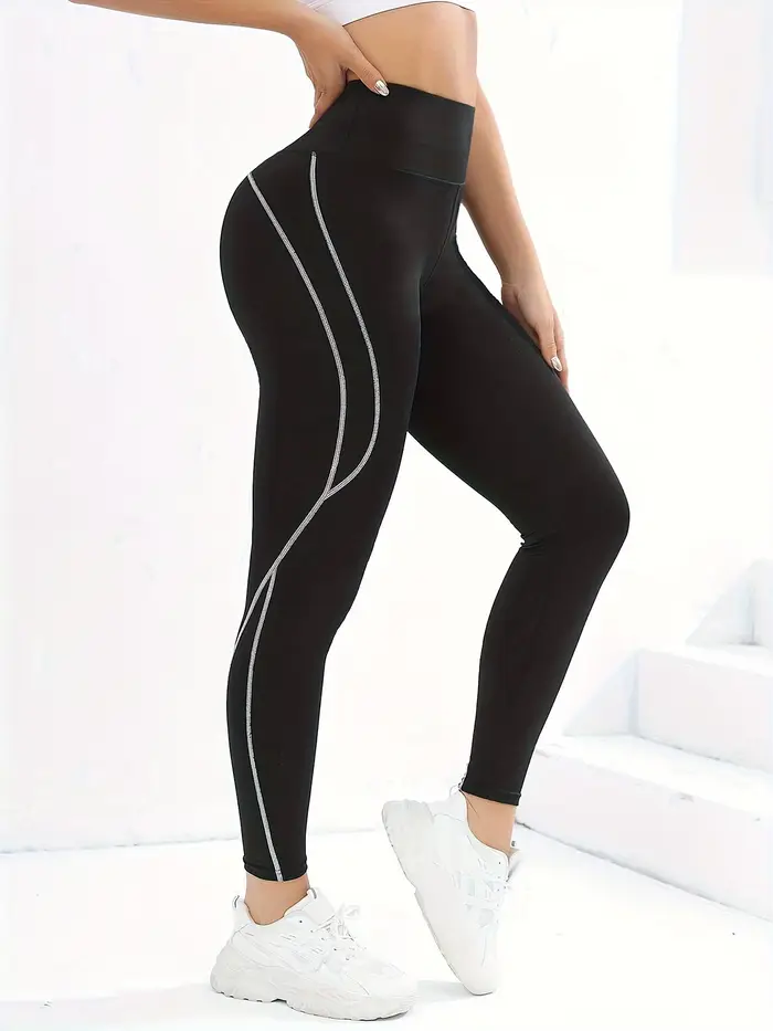 Dámske jógové legíny s vysokým pásom, fitness legíny s bielymi bočnými pruhmi