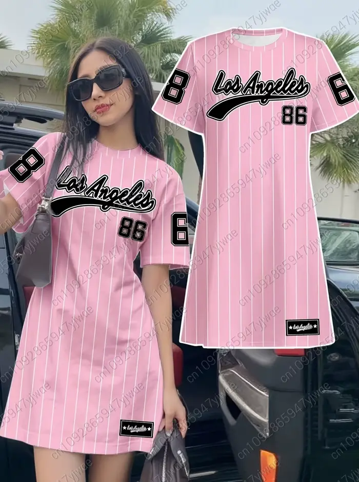Voľné tričkové šaty pre ženy leto 2026 NO.86 LOS ANGELES Potlač Okrúhly výstrih Krátke rukávy Pull-over Oblečenie