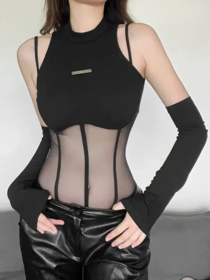 Čierne body Lingerie Sexy pre ženy priesvitný vrchný korzet sieťovaný patchwork jednodielny outfit