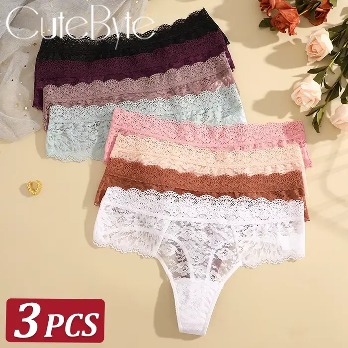 3-dielne čipkované sexy tangá pre ženy s nízkym pásom