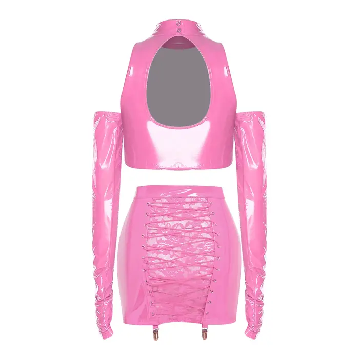 Tenues de pole dance pour femmes, effet cuir PU, tenue de clubbing, crop top découpé, fermeture éclair avant, dentelle florale au dos, mini-jupe moulante