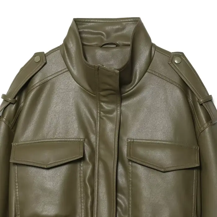 Dámska zelená kožená bunda, streetwear štýl, jesenná a zimná sezóna, odolná voči poveternostným vplyvom, dekoratívne tlačidlo, všestranné a pohodlné