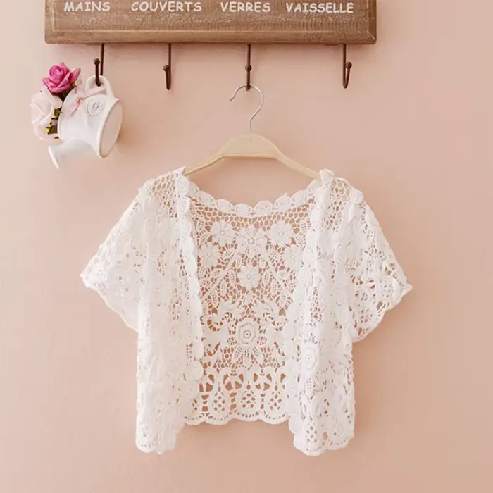 Femmes manches courtes Crochet haussements d'épaules évider fleur dentelle ouvert devant recadrée Ca