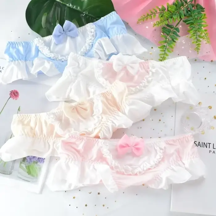 Veľká veľkosť dámske hodvábne mlieko roztomilé krásne jemné princeznovský štýl Lolita mašlička volániky nohavičky elastické cukríkové farby spodná bielizeň