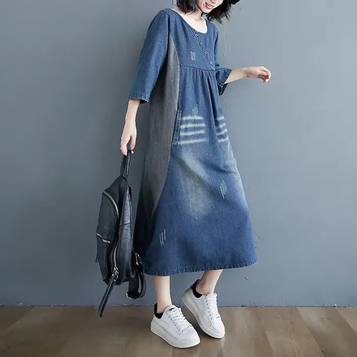 Robe en denim vintage pour femme, patchwork simple, longueur genou, rayures Wiltshire, manches trois