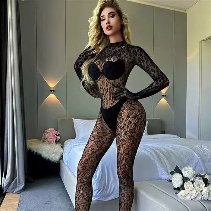 Ženy Sexy leopardí sieťovaný body s dlhými rukávmi priesvitná čipka Lingerie