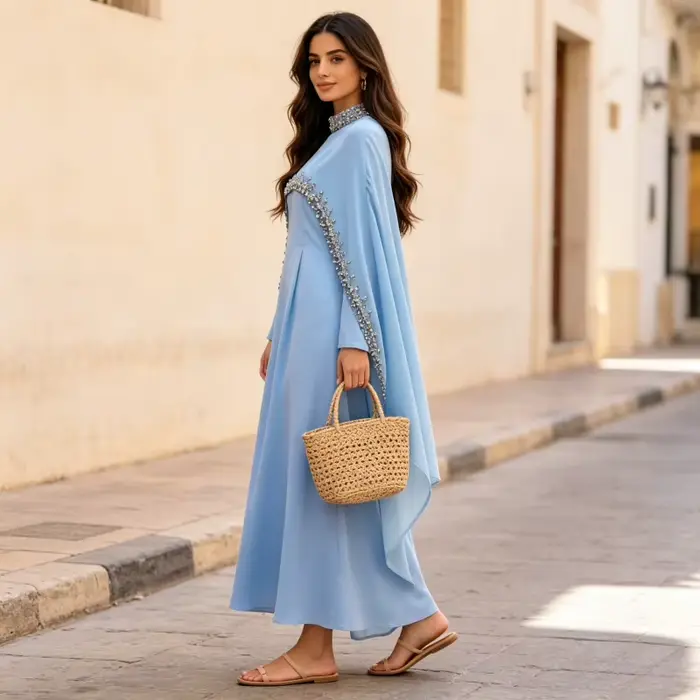 Elegantné dámske Abaya večerné šaty z polyesteru s diamantovými detailmi pre Eid ceremónie a ramadán špeciálne príležitosti
