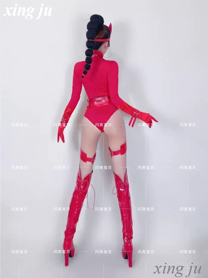 Discothèque femme chanteuse pôle danse Sexy rouge à manches longues combinaison filles Performance Costume DJ scène serré Shorts danseur tenues
