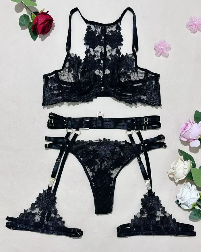 Bikini mode complexe artisanat broderie sangle croisée Lingerie Sexy push-up à armatures ensemble de