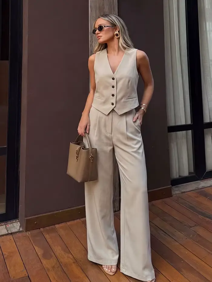 Dámska bunda bez rukávov a kancelárske nohavice set, polyester, V-neck, zapínanie jedným tlačidlom, príležitostne príležitostné, jarné leto