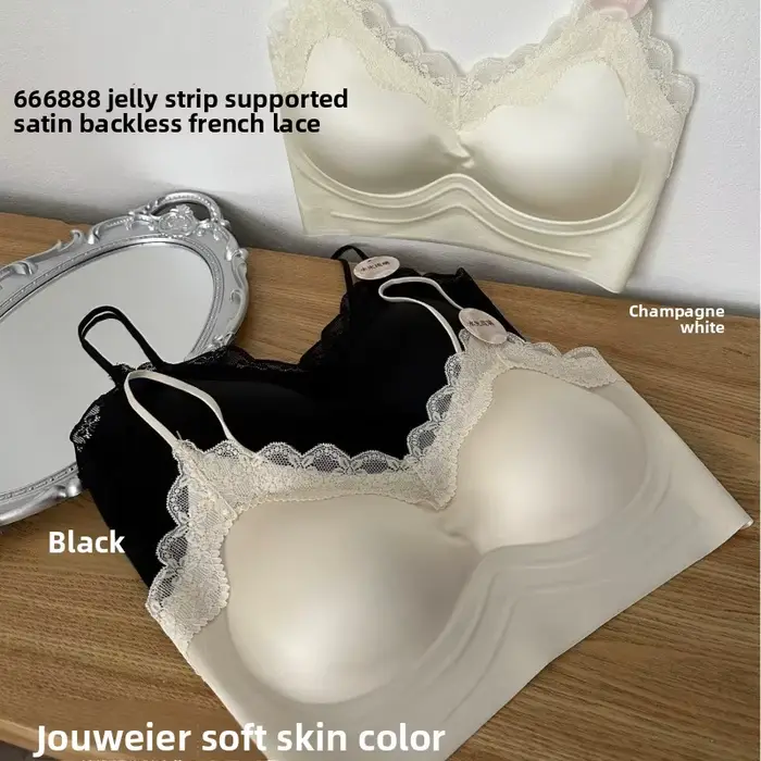 Soutien-gorge sans dos en satin pour femme bustier en dentelle française effet push-up lingerie brillante confortable occasions spéciales