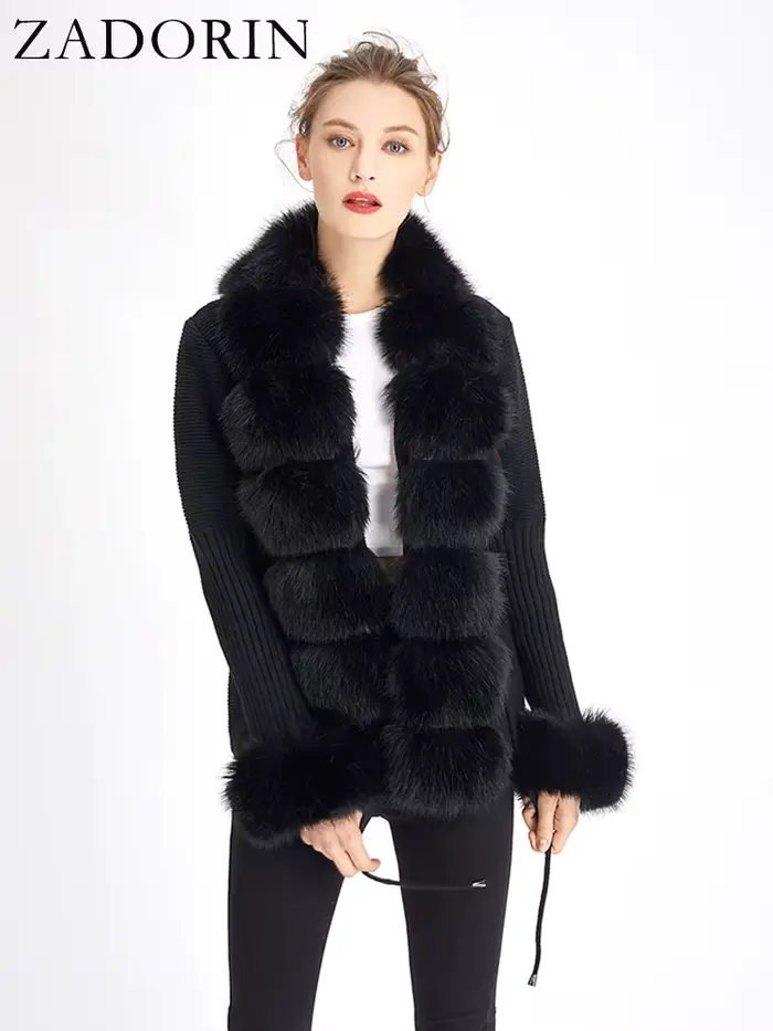 ZADORIN luxe fourrure Cardigan tricot hiver pull femmes élégant détachable fourrure ceinture blanc r