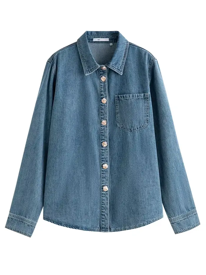 FSLE-Chemise en denim bleu doux pour femme, chemise à col en V empilable, chemise décontractée, chem
