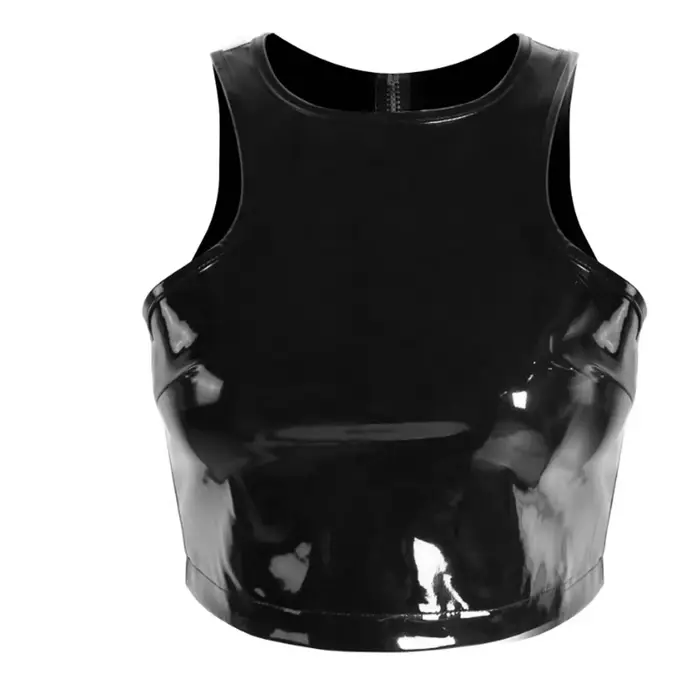 Štýlové dámske faux latex top z s lesklými zipsami pre špeciálne príležitosti a klubové výlety