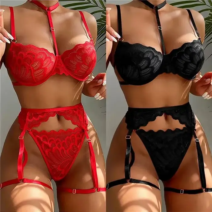 Sexy spodná bielizeň z kvetinovej čipky pre ženy, priehľadná podprsenka s popruhmi a nohavičkami s podväzkovým pásom, ideálna pre medové týždne, večer a dátum