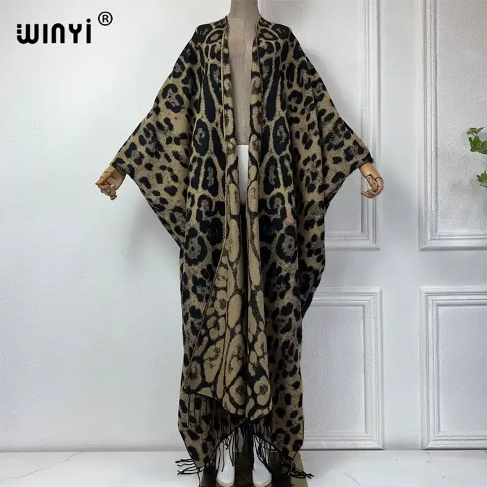 WINYI-Manteau d'Hiver Classique pour Femme, Cardigan à Franges Imprimé Léopard Optique, Long Manteau