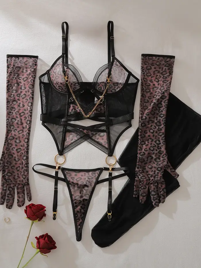 Sexy spodná bielizeň set priehľadný leopard vzor s elegantnými sieťovanými rukavicami, prelamované sochárske nočné oblečenie pre ženy